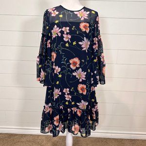 Eliza J Sheer Navy and Pink Floral Ruffled Dress Size 6